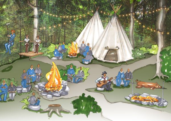 Illustration eines Mitarbeiterevents mit Lagerfeuer, Tipis und Live-Musik im Wald – Teambuilding, Outdoor-Event, evenjo. markenerlebnis, Brand Experience, mitarbeiteranlass, live kommunikation, Corporate-Event, eventagentur bern, BKW, XPLORE, Outdoor Event, Markenerlebnis, eventplanung, jubiläumsfeier, mitarbeiter:innen-anlass, evenjo