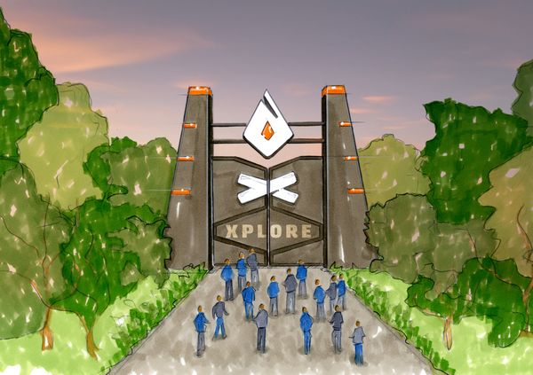 Illustration des Eingangstores zu BKW Xplore mit Besuchergruppe – Mitarbeiterevent, Outdoor-Abenteuer, Markeninszenierung, Teambuilding, Outdoor-Event, evenjo. markenerlebnis, Brand Experience, mitarbeiteranlass, live kommunikation, Corporate-Event, eventagentur bern, BKW, XPLORE, Outdoor Event, Markenerlebnis, eventplanung, jubiläumsfeier, mitarbeiter:innen-anlass, evenjo