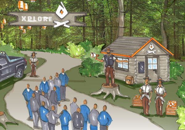 Illustration eines Ranger-Workshops im Wald mit Mitarbeitenden – Outdoor-Teamevent, Naturerlebnis, markenerlebnis, Brand Experience, mitarbeiteranlass, live kommunikation, Corporate-Event, eventagentur bern, BKW, XPLORE, Outdoor Event, Markenerlebnis, eventplanung, jubiläumsfeier, mitarbeiter:innen-anlass, evenjo, Teambuilding